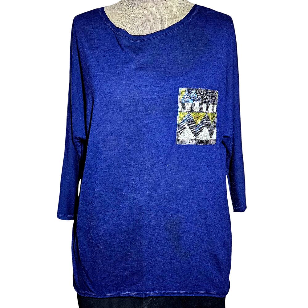 Blue Sequin Pocket Lightweight Sweater Size Small